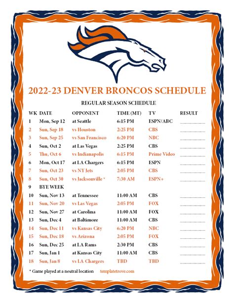 Broncos Schedule 2022 Printable