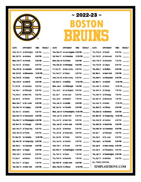 Bruins Printable Schedule 2022-23