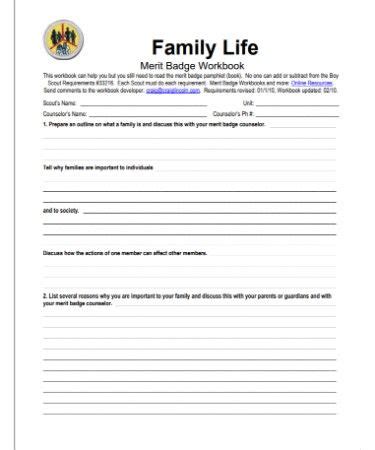 Bsa Family Life Merit Badge Worksheet