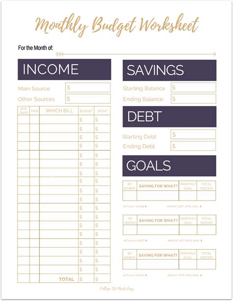 Budgeting Template Printable