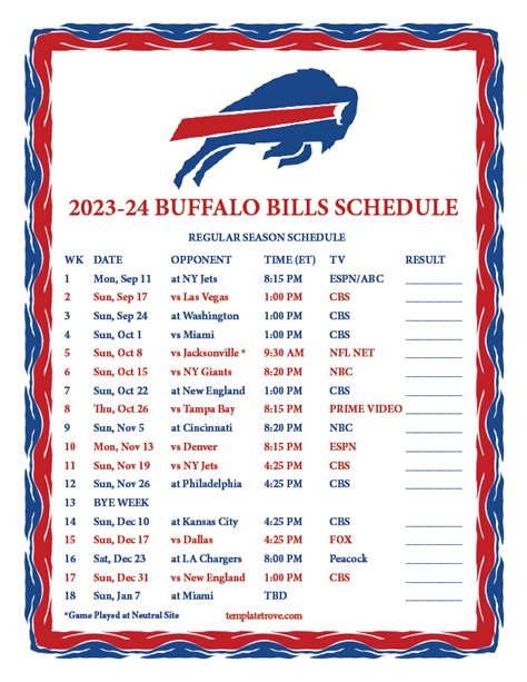 Buffalo Bills 2023 Schedule Printable