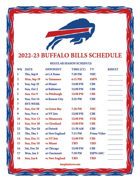 Buffalo Bills Printable Schedule 2022-23
