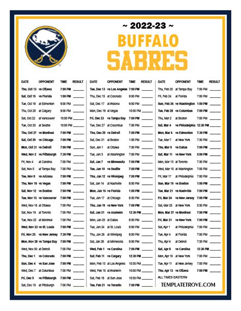 Buffalo Sabres Printable Schedule 2022-23