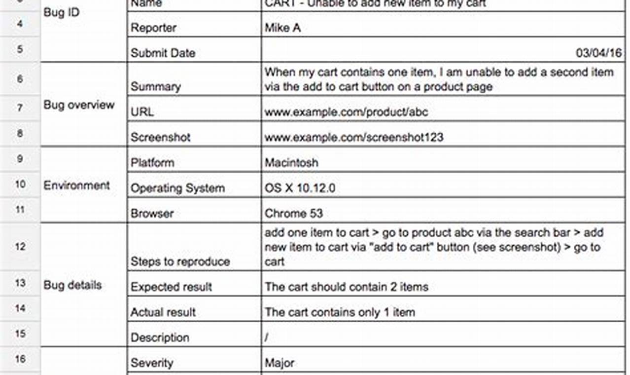 Bug Report Template for Microsoft Excel