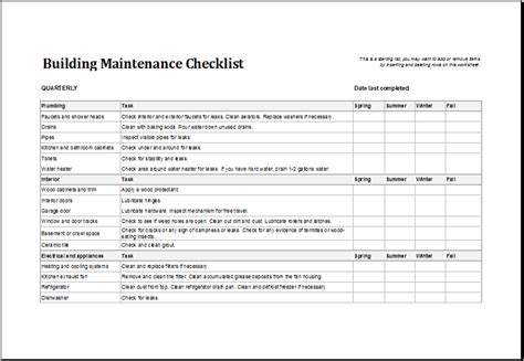 Building Maintenance Checklist Form Excel Templates