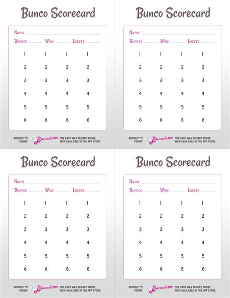 Bunco Sheets Printable Free