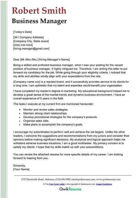 Business Management Cover Letter