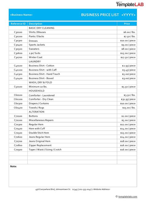 Business Price List Template