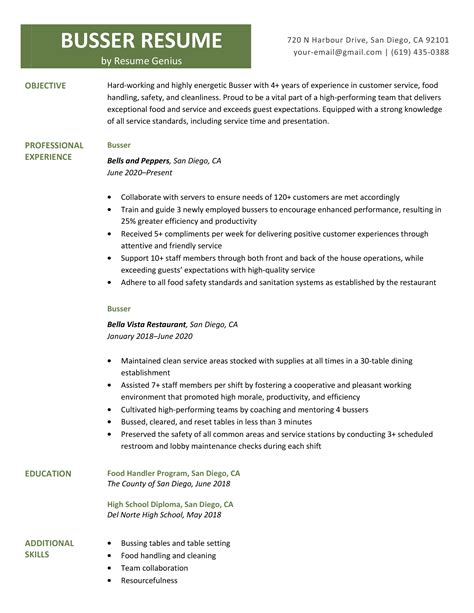 Busser Resume Sample