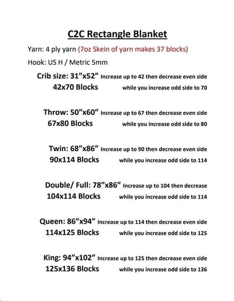 C2c Crochet Blanket Size Chart