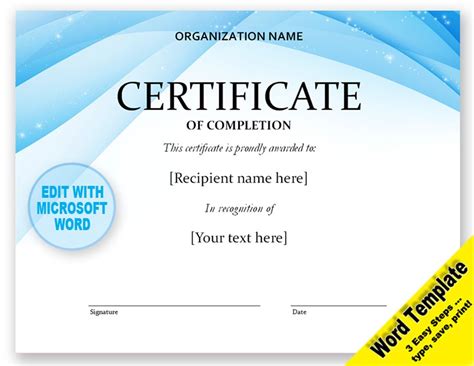 CERTIFICATE Editable Word Template, Printable, Instant Download YOU