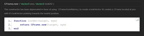 CFrame.new(position,lookat) constructor deprecated, replace with 