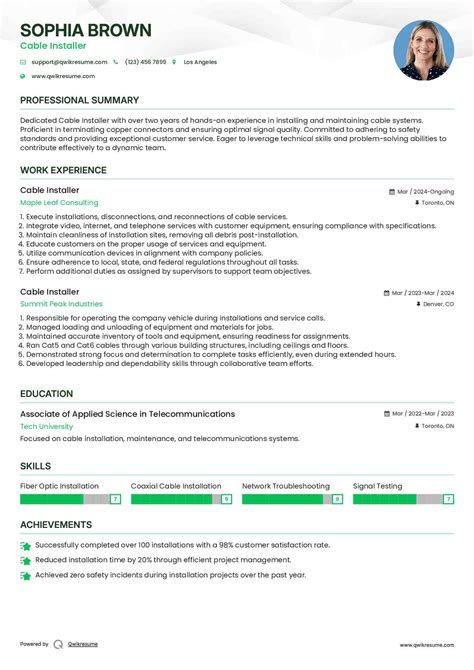 Cable Installer Resume Sample