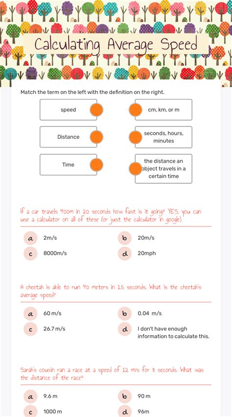 Calculating Average Speed Worksheet