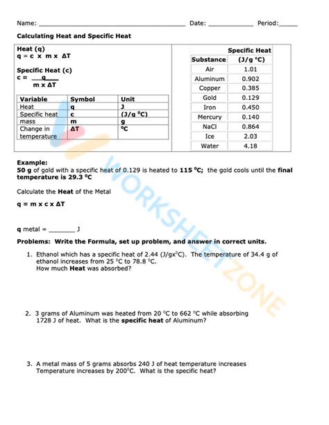 Calculating Heat And Specific Heat Worksheet Answers
