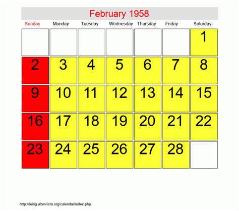 Calendar 1958 February
