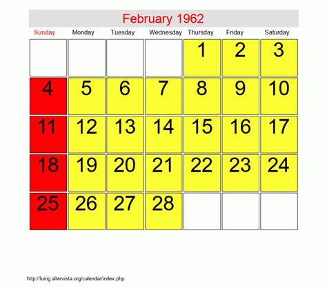 Calendar 1962 February