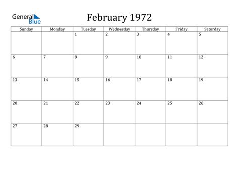 Calendar 1972 February