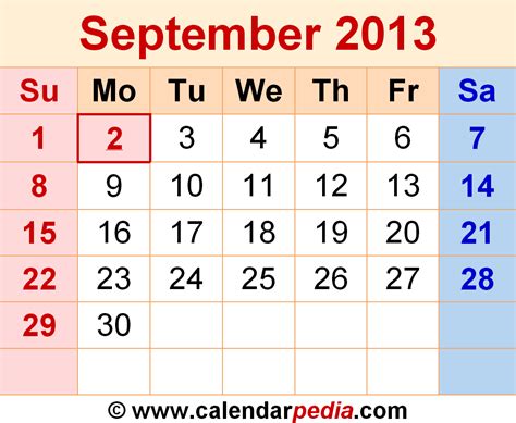 Calendar 2013 September