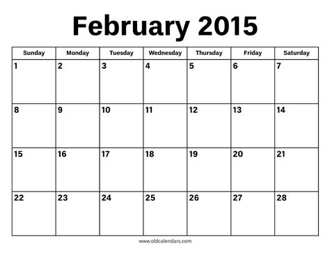 Calendar 2015 February Month