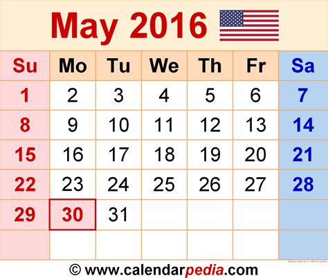 Calendar 2016 May Month