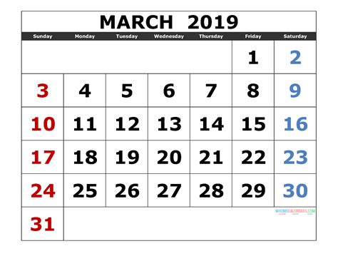 Calendar 2019 March