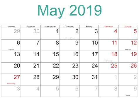 Calendar 2019 May