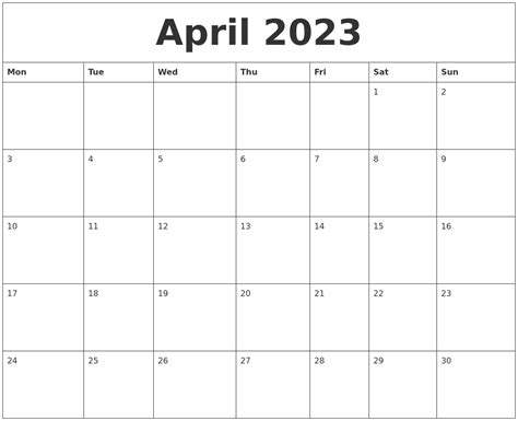 Calendar 2023 Printable April