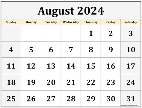 Printable August 2024 Calendar Classic Blank Sheet