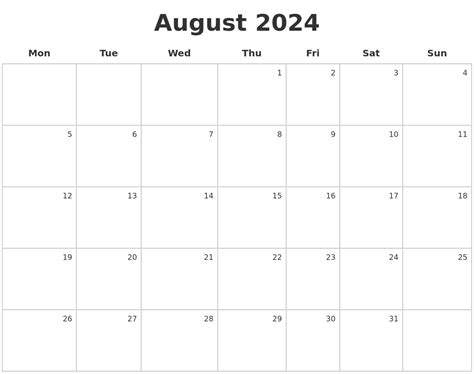 August 2024 Calendar (PDF Word Excel)