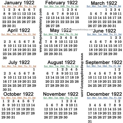 Calendar For 1922