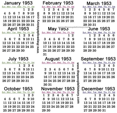 Calendar For 1953