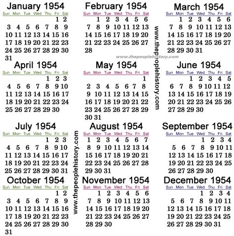 Calendar For 1954