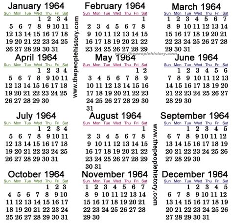 Calendar For 1964