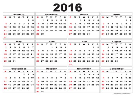 Calendar For 2016 Year