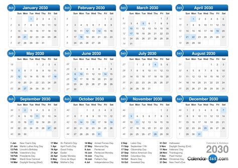 Calendar For 2030