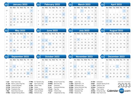 Calendar For 2033