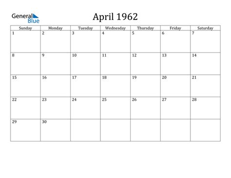 Calendar For April 1962