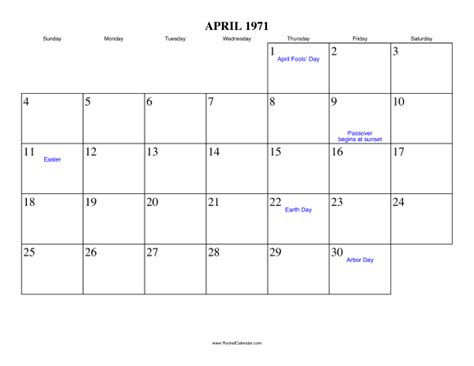 Calendar For April 1971