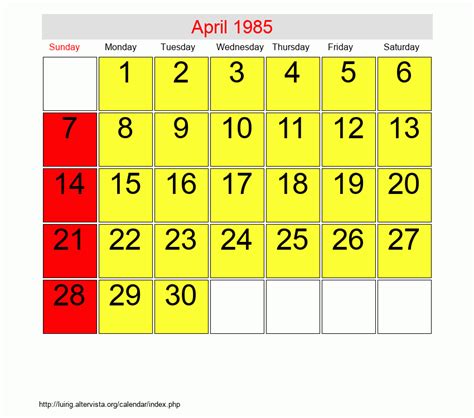 Calendar For April 1985