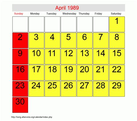 Calendar For April 1989