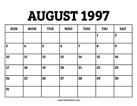 Calendar For August 1997
