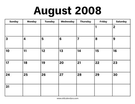 Calendar For August 2008