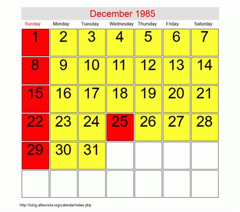 Calendar For December 1985