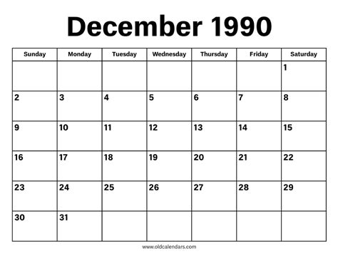 Calendar For December 1990