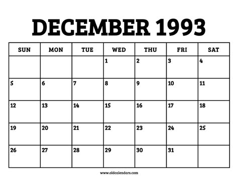 Calendar For December 1993