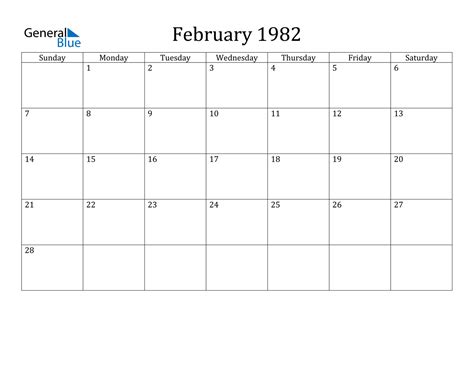 Calendar For February 1982