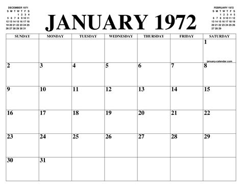 Calendar For January 1972