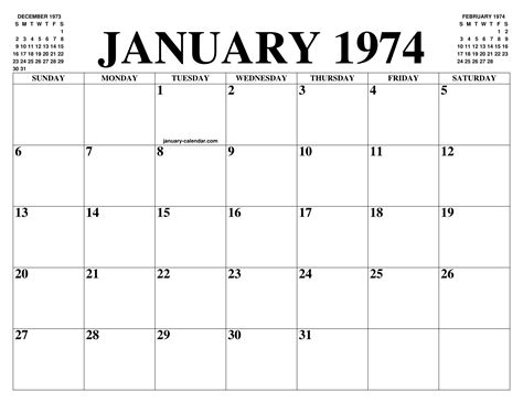 Calendar For January 1974