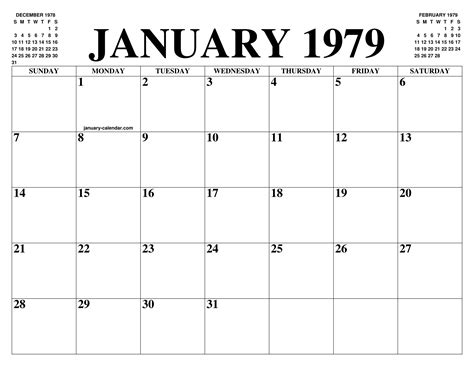 Calendar For January 1979